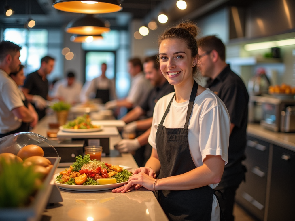 A cheerful restaurant owner standing proudly by a busy counter filled with satisfied customers, showcasing vibrant food being served. There’s a QZ Tray print station visibly in use, emphasizing the operational success and joy among staff.