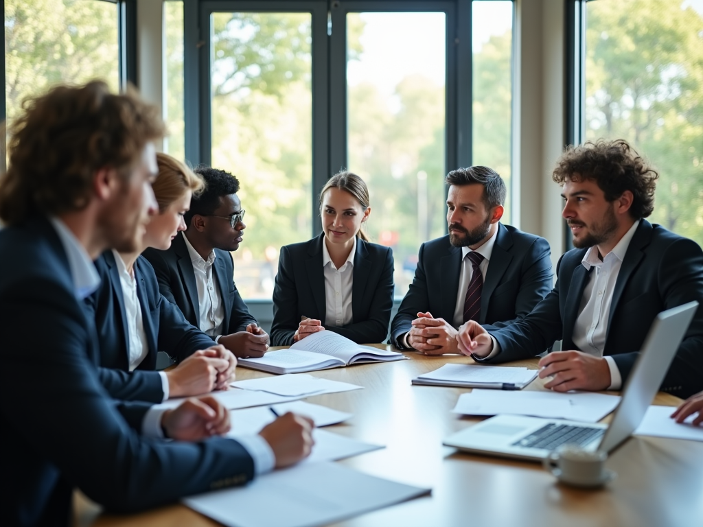 A boardroom filled with diverse professionals assessing financial reports related to customs duties. Each person displays a range of ages and backgrounds, dressed in smart business attire, engaged in discussion around a table strewn with documents and a laptop open showing customs computation software. Natural light from large windows casts a hopeful glow on the meeting, enhancing collaboration. This high-resolution, photo-realistic image embodies teamwork in overcoming import challenges.