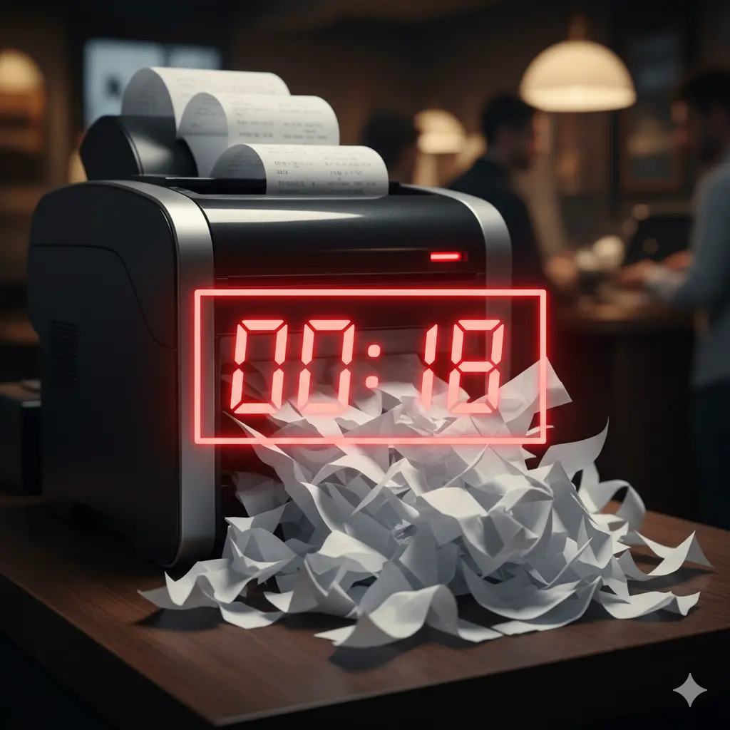 Slow Odoo POS printer jamming receipts, illustrating the reported 18-second delay that causes restaurant chaos during peak hours. (Gemini) Slow Odoo POS printer jamming receipts, illustrating the reported 18-second delay that causes restaurant chaos during peak hours.