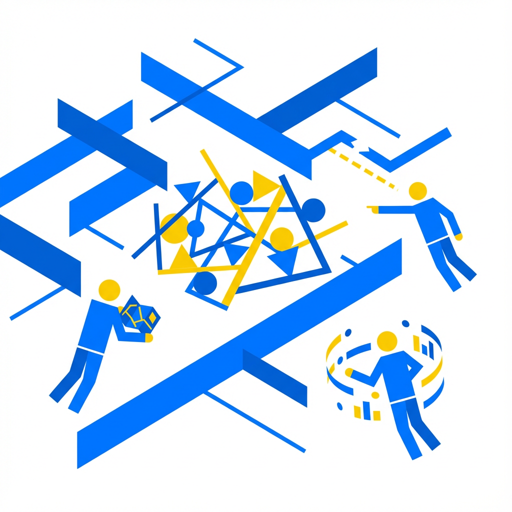 Technical chaos abstracted as cords and drivers, figurines troubleshooting.