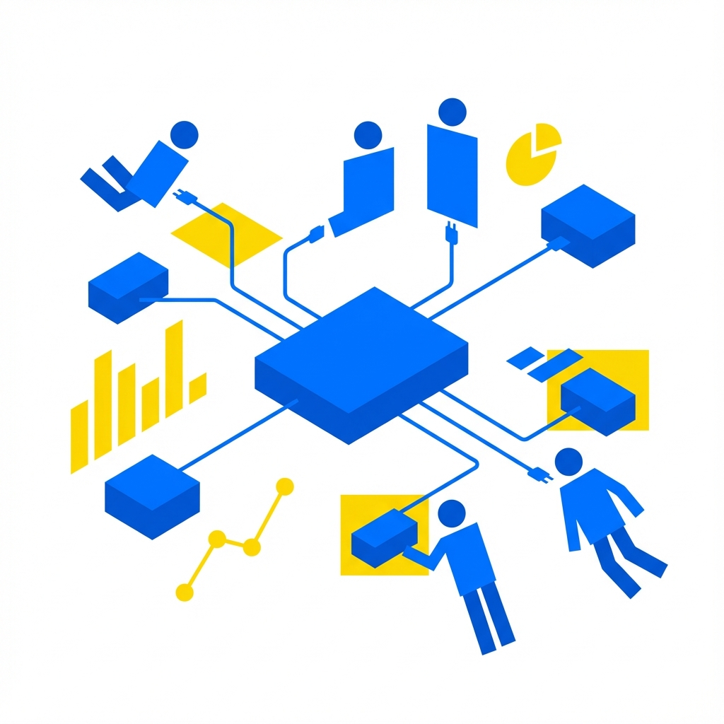 Central router and POS systems connected, showing stable network distribution with blue cables.