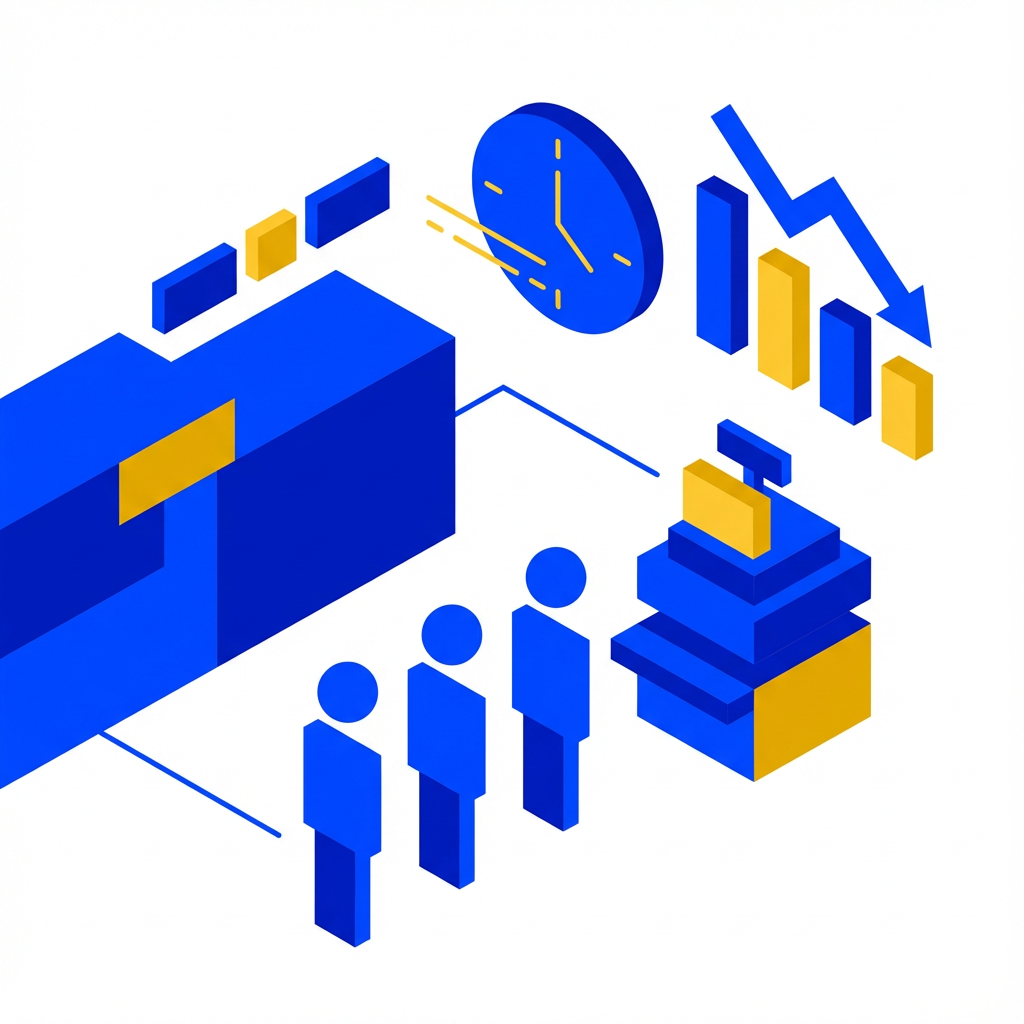Financial impact illustration of POS delays with abstract figures and clock.