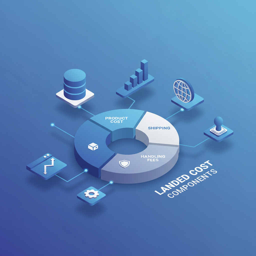 Infographic showing landed cost components: product cost, shipping, customs duty, insurance, and handling fees