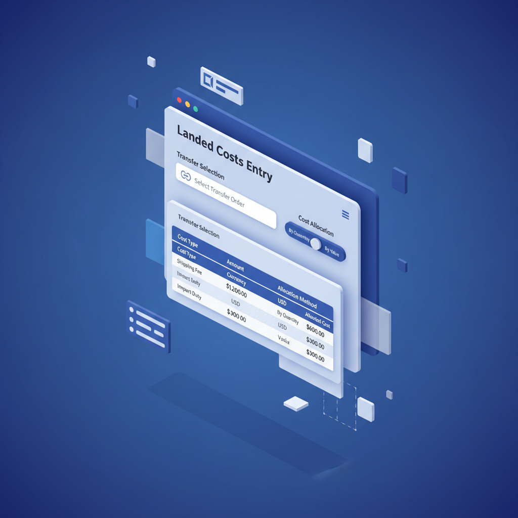 Odoo landed costs form showing transfer selection and cost allocation interface with split method options