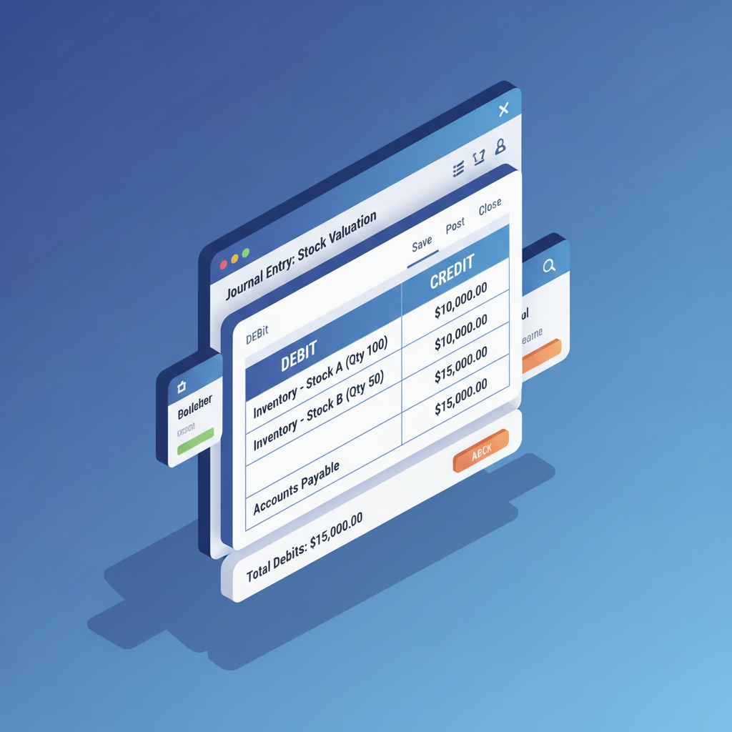 Odoo accounting journal entry showing landed cost debit to stock valuation and credit to expense account