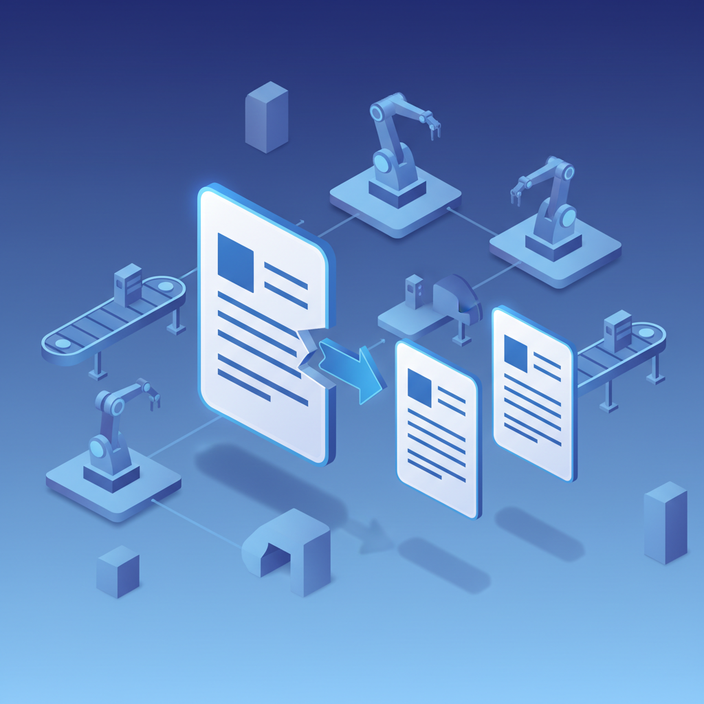 Isometric illustration showing a manufacturing order being split into two separate production orders
