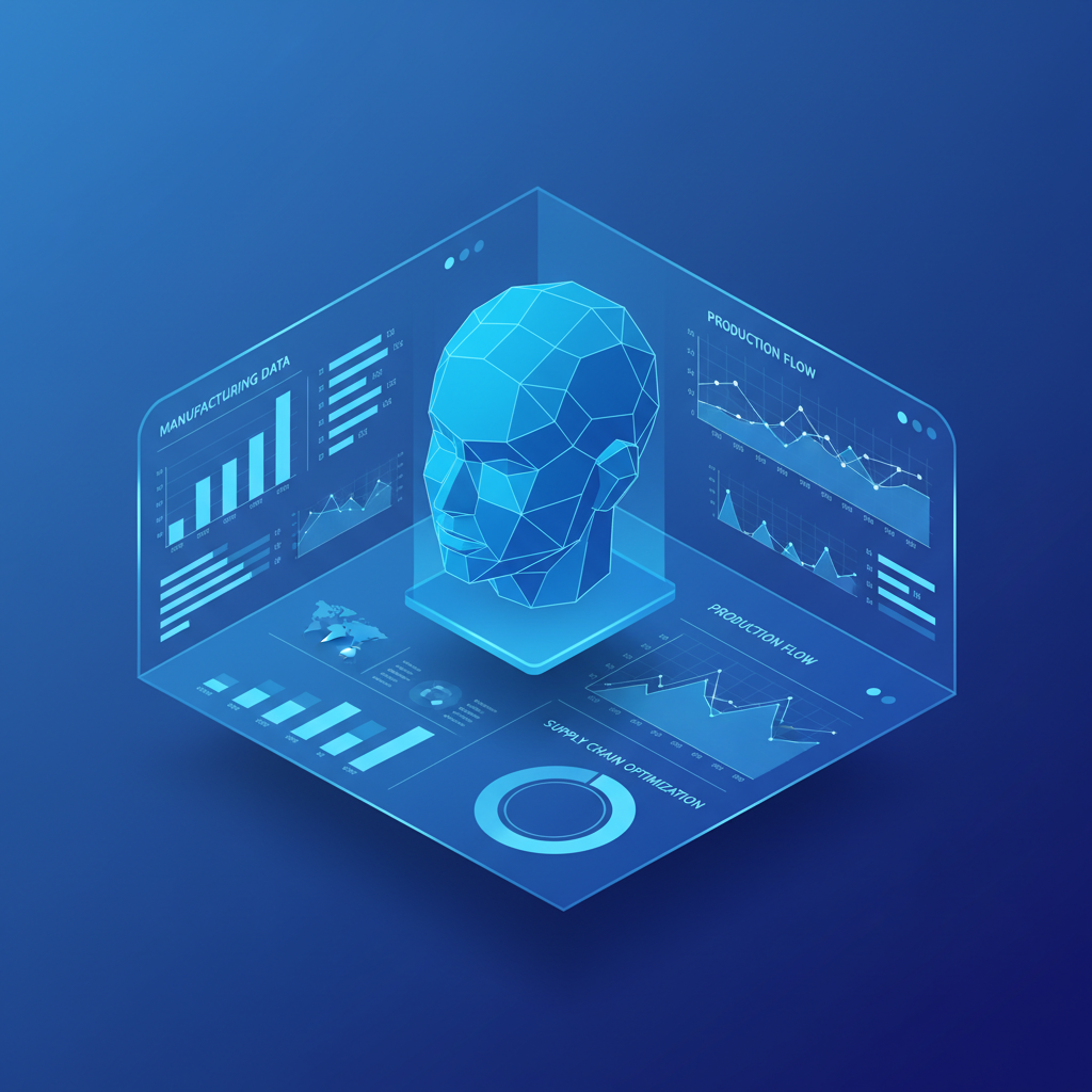 Isometric illustration of AI assistant interface analyzing manufacturing production data and building custom views