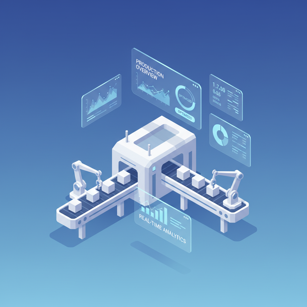 Isometric 3D illustration of smart manufacturing floor with automated production lines and digital dashboards