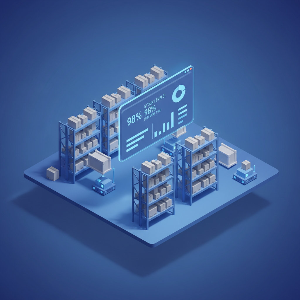 Isometric illustration of warehouse inventory management with automated reorder alerts