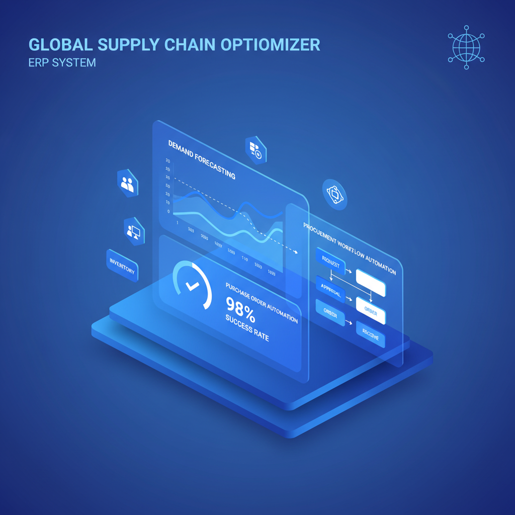 Isometric illustration of supply chain planning dashboard with charts and automation indicators