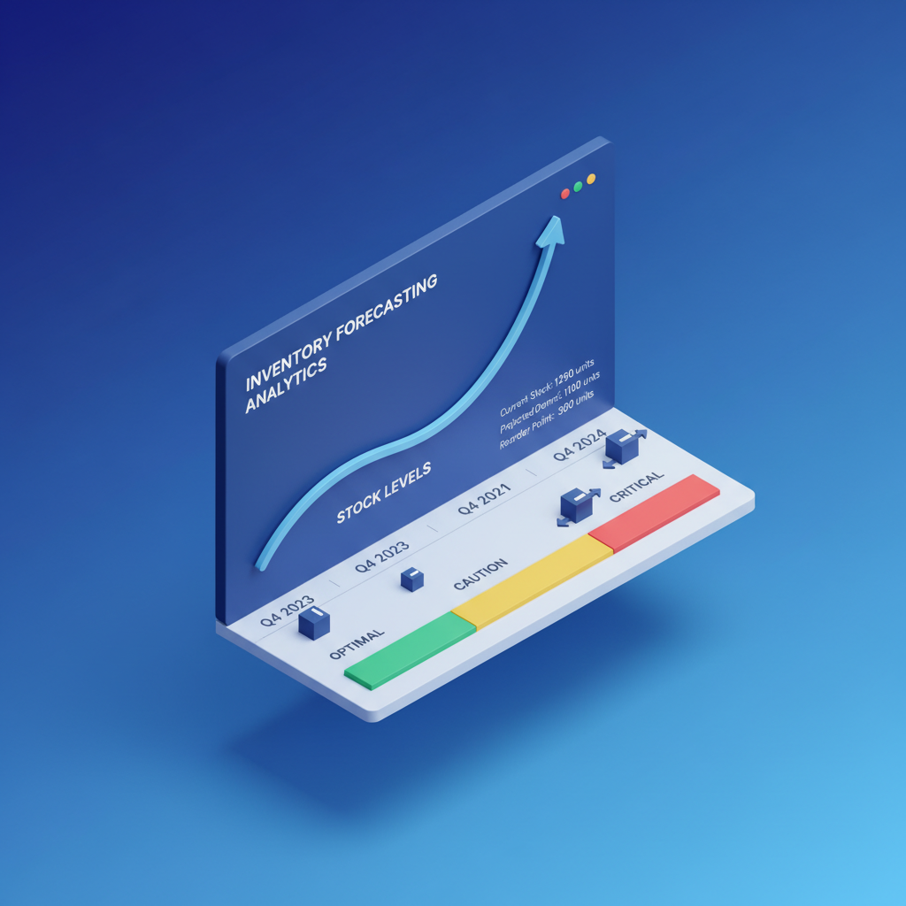 Isometric illustration of inventory forecasting with trend lines and stock level indicators