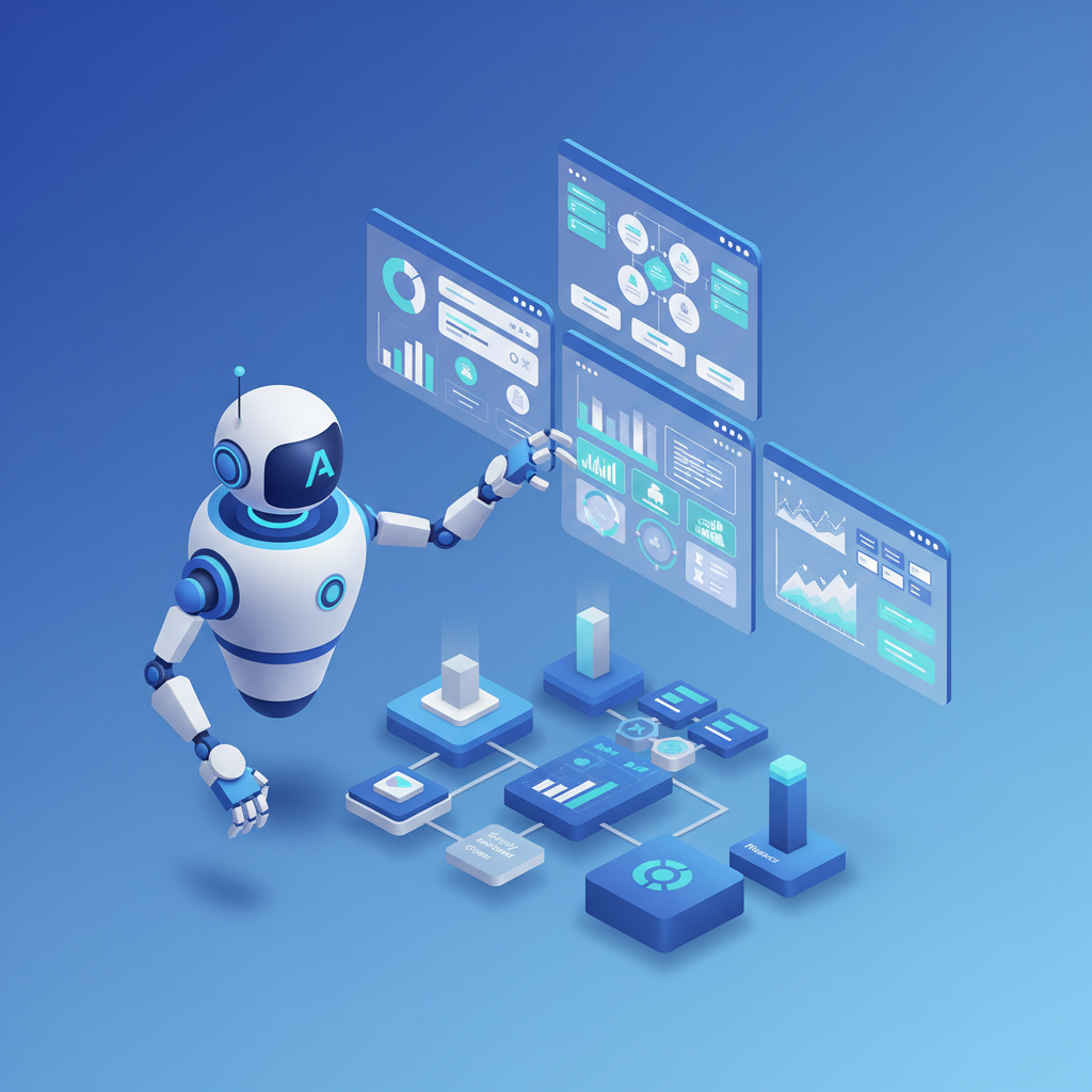 Isometric illustration of autonomous AI managing multiple ERP workflow dashboards