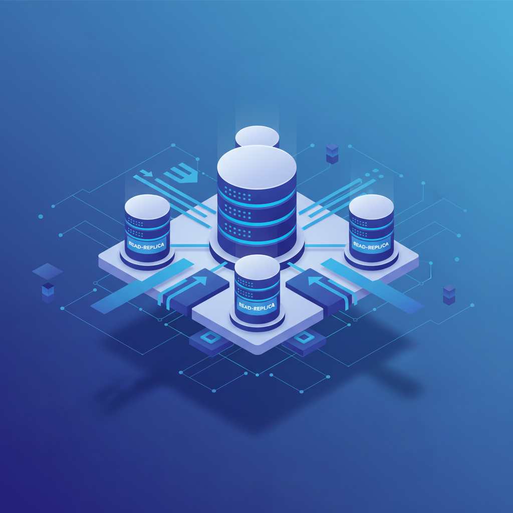 Isometric illustration of read-replica database architecture with multiple server nodes