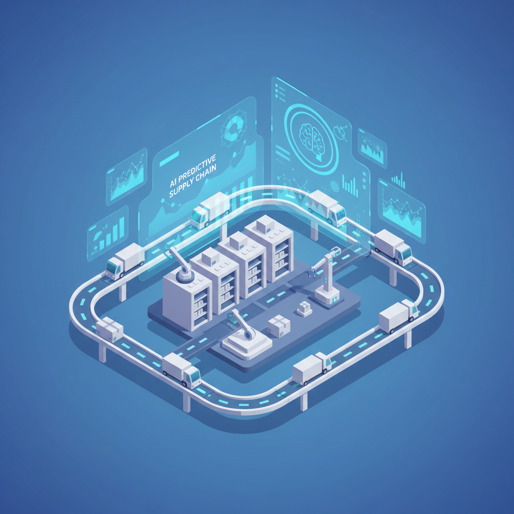 Isometric illustration of predictive supply chain with AI-powered demand forecasting