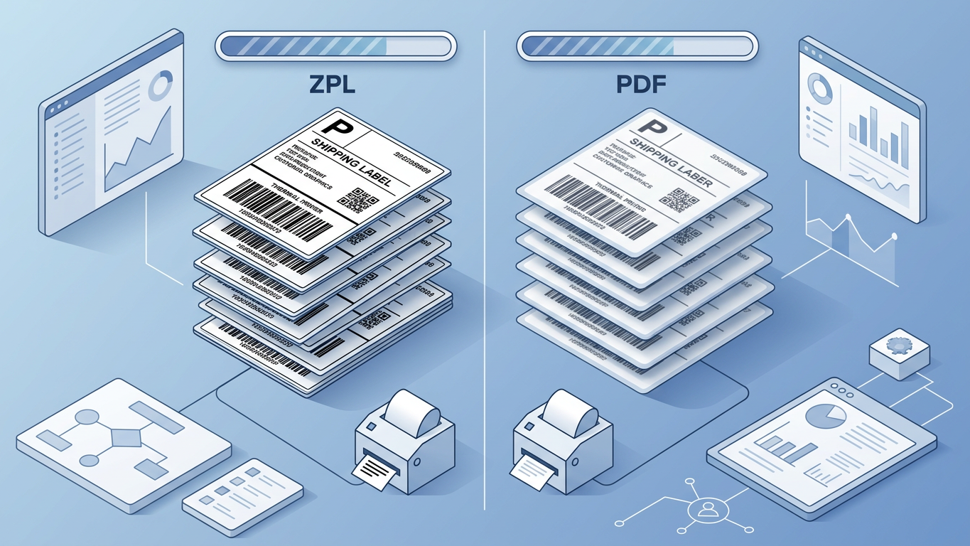 ZPL vs PDF label printing comparison diagram showing thermal printer output quality differences