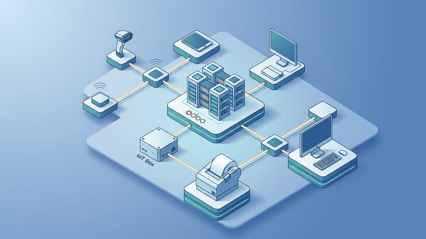 Network diagram showing Odoo IoT Box and thermal printer configuration setup