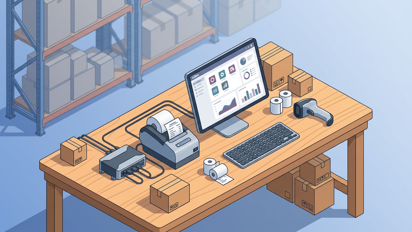Odoo IoT Box and thermal printer configuration setup on warehouse desk