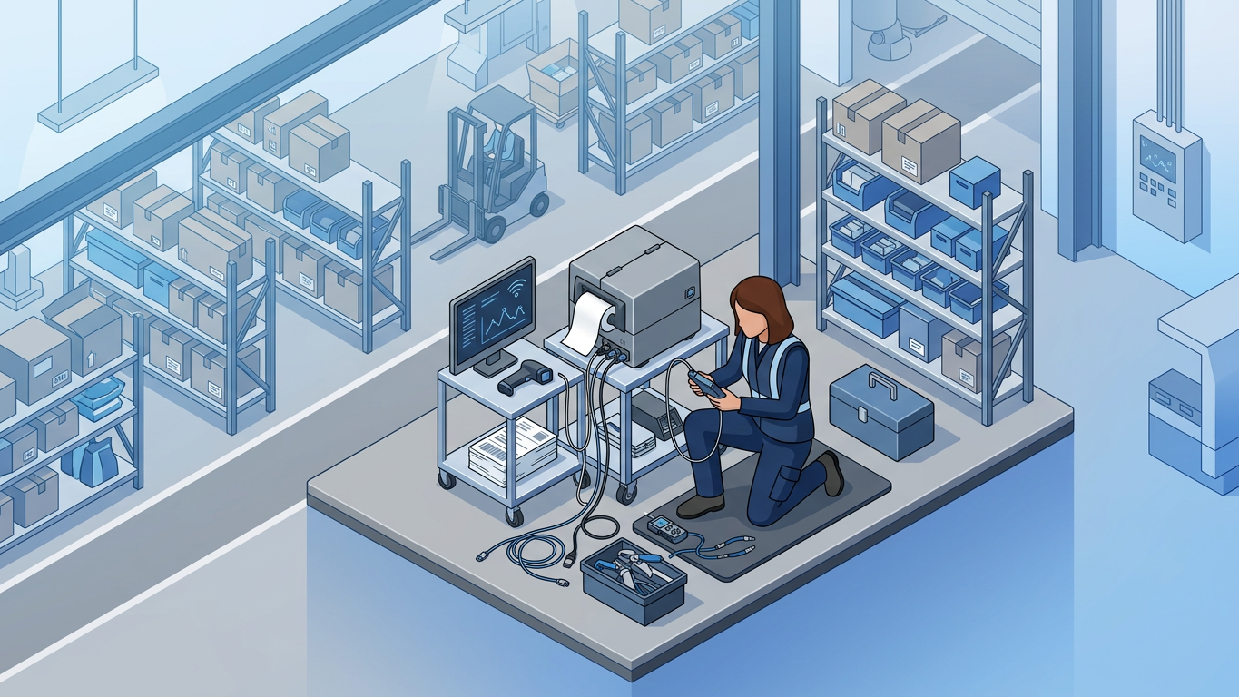 Warehouse technician troubleshooting thermal printer connection issues