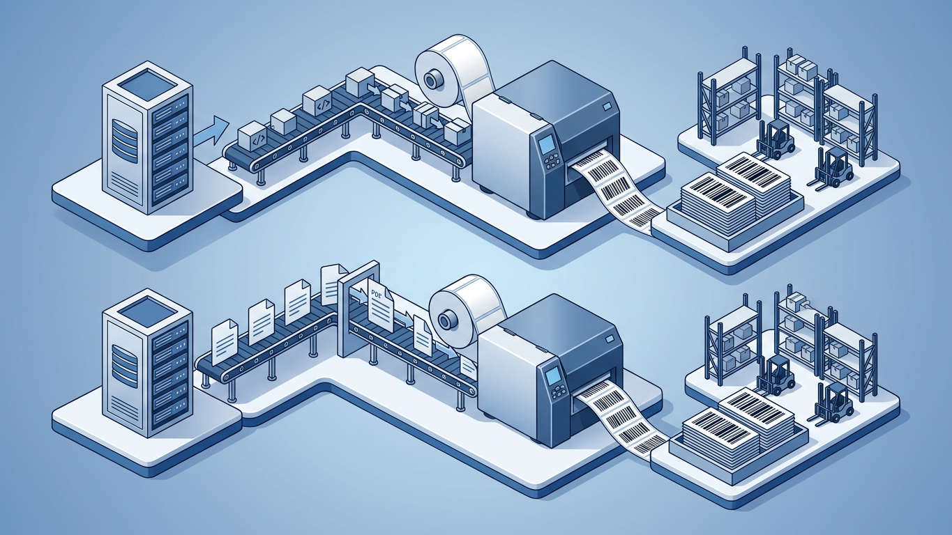 Comparison of ZPL raw printing versus PDF rendering for barcode labels in warehouse environments