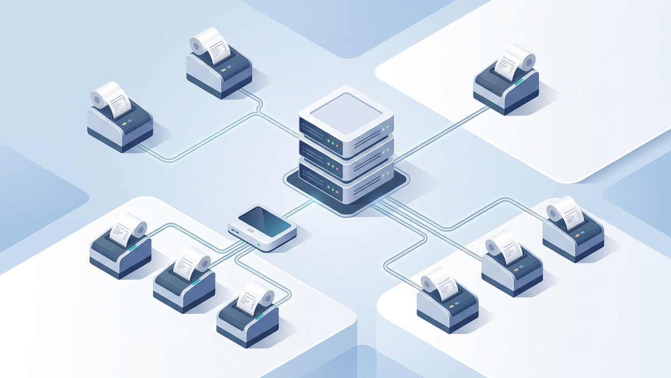 Network diagram showing Odoo server connecting to thermal printers via IoT Box and direct IP connections