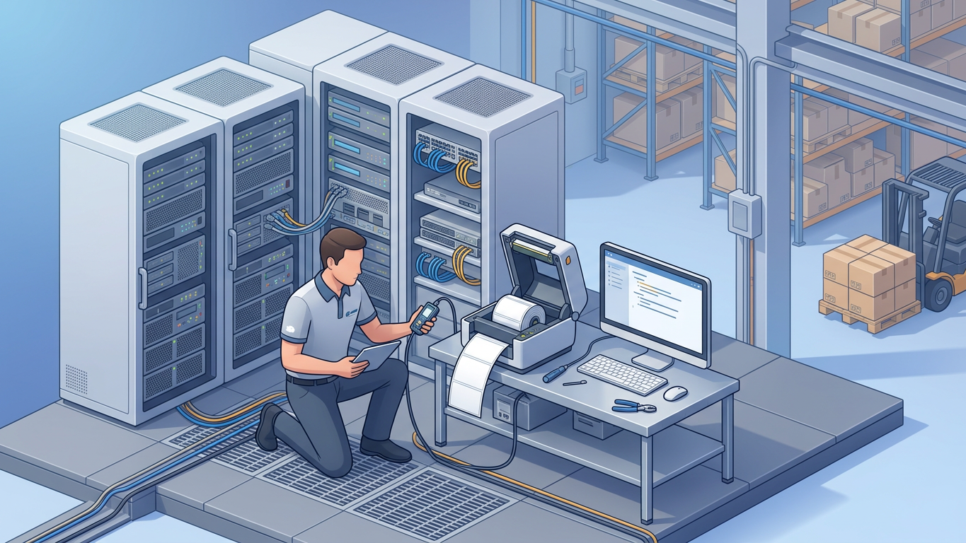 Technician diagnosing thermal printer connection issues in warehouse server room