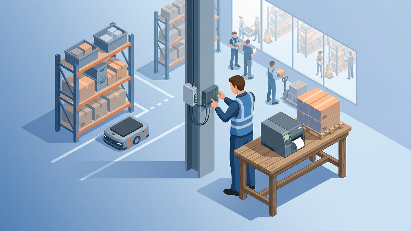 Warehouse worker troubleshooting disconnected IoT Box while label printer sits idle