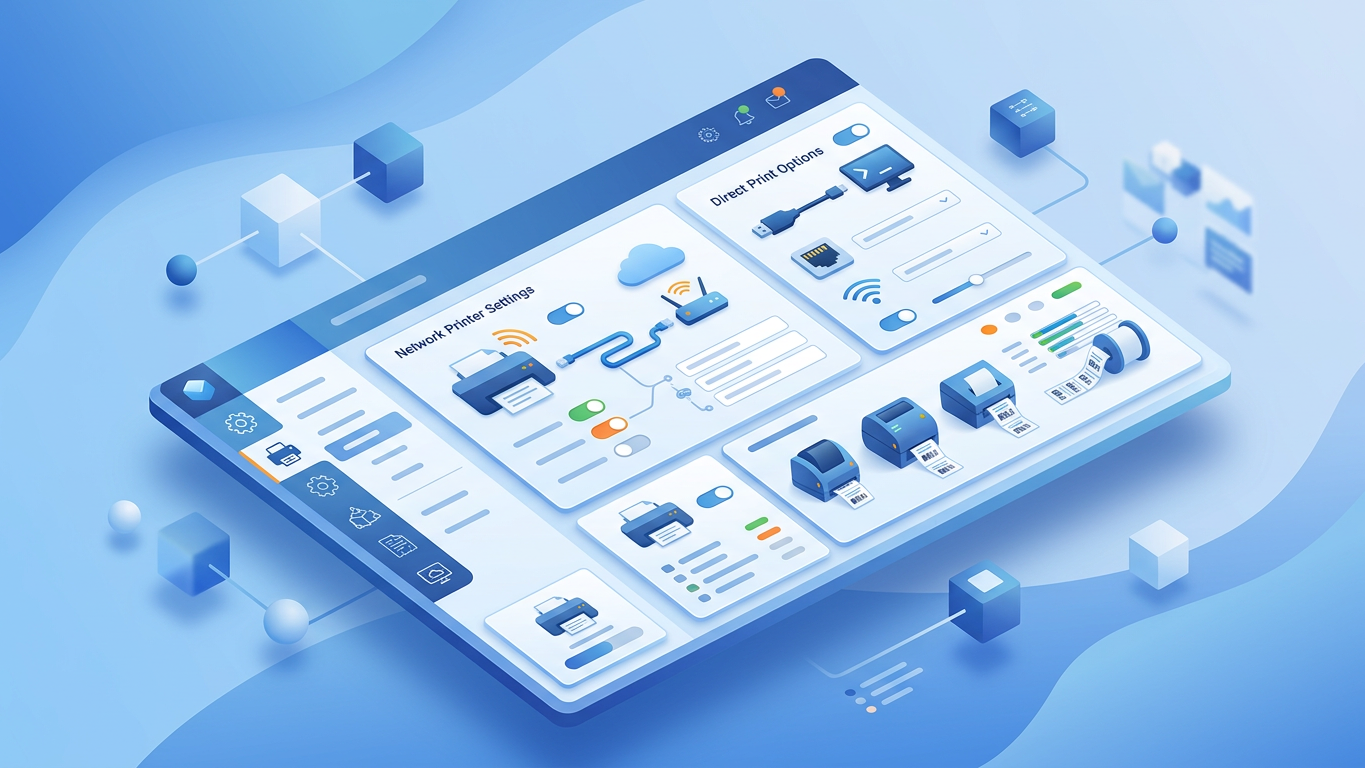 Odoo inventory label printing configuration dashboard showing network printer settings and direct print options