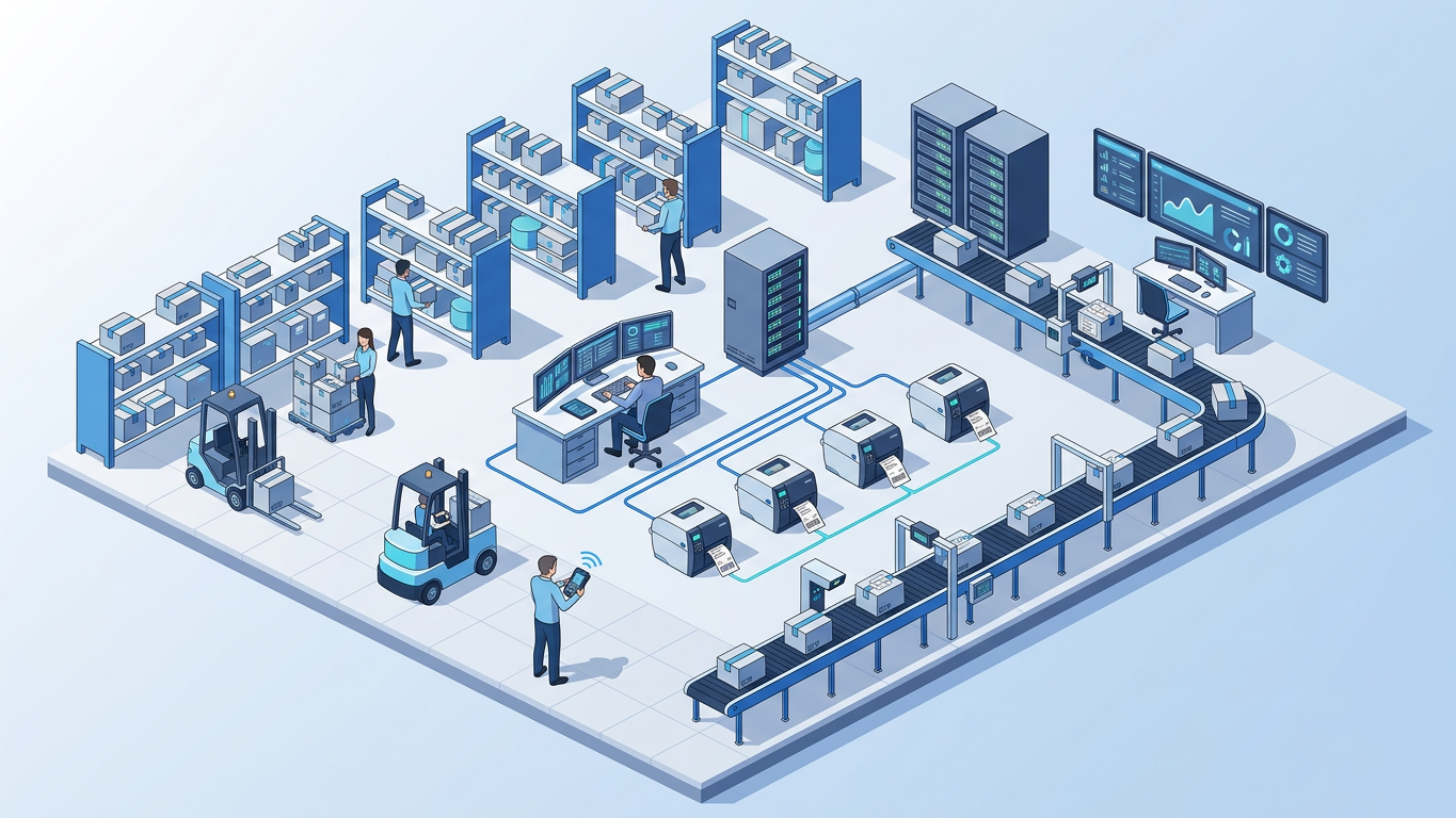 Modern warehouse operations center with streamlined direct printing infrastructure and network-connected label printers