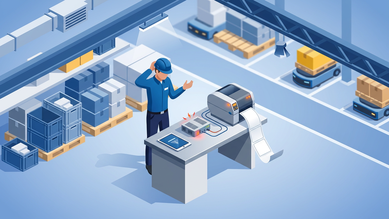 Warehouse worker experiencing IoT Box connectivity issues with label printer