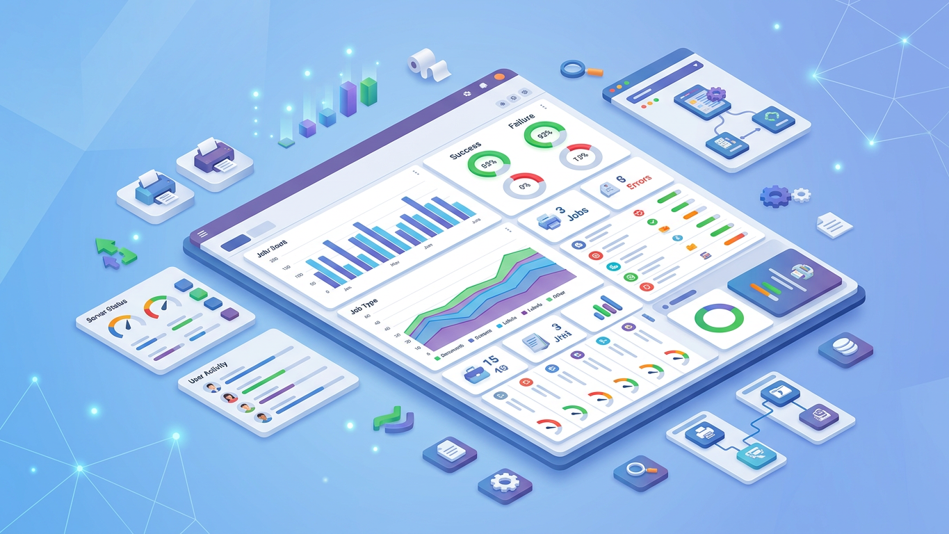 Dashboard showing print job metrics and success rates in Odoo
