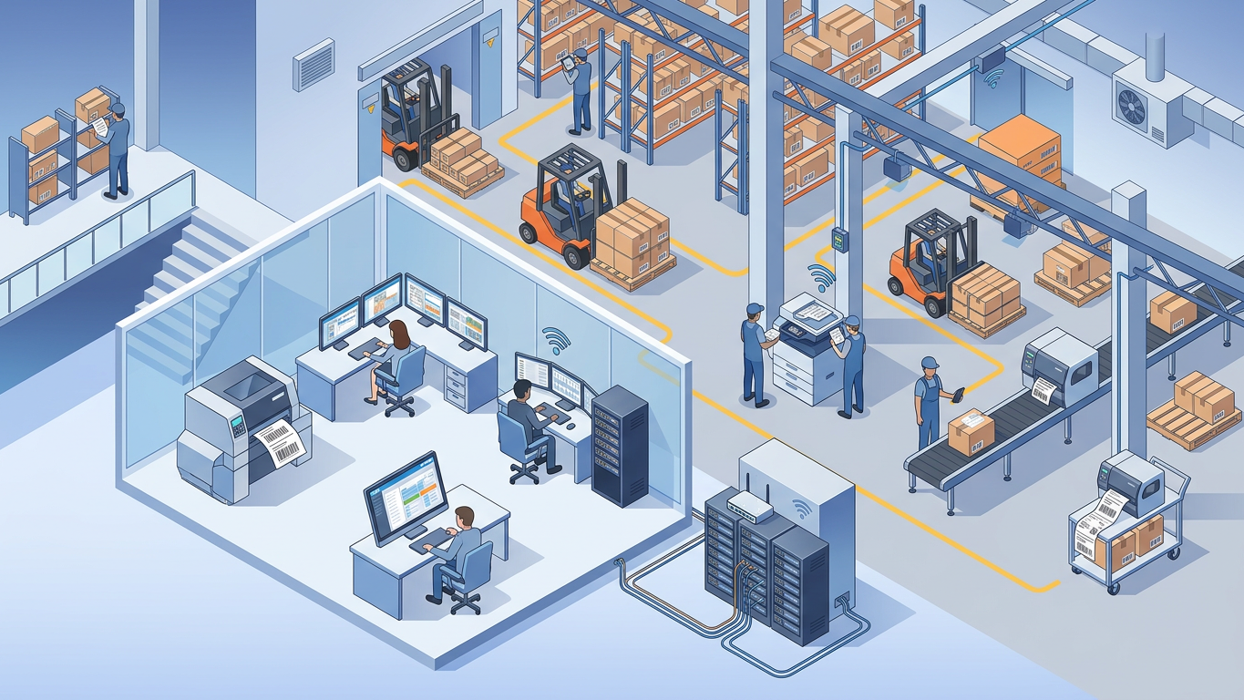 Modern warehouse operations center with direct network printing infrastructure