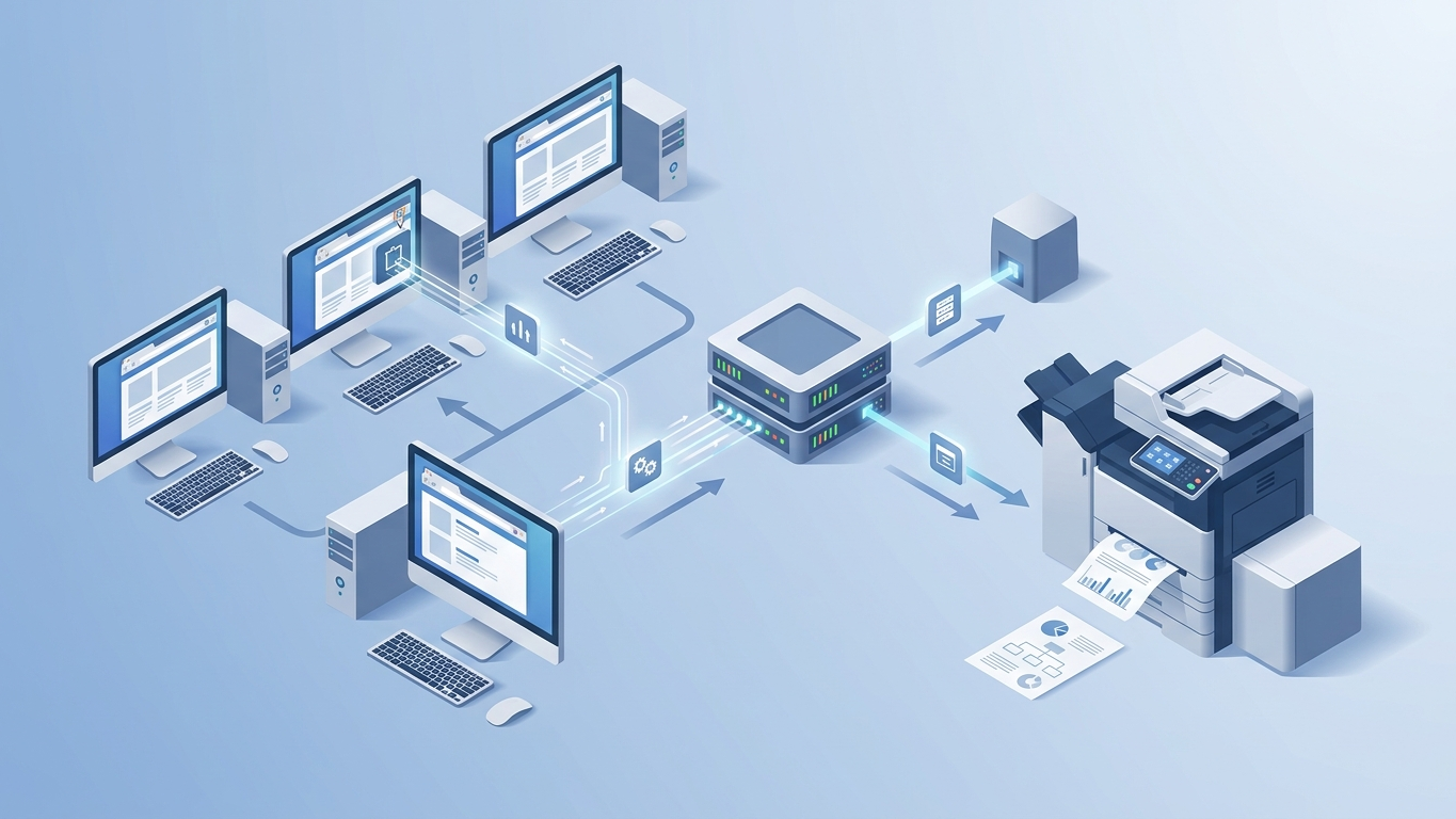 Ultraprint technical workflow diagram showing browser extension hub and printer connection
